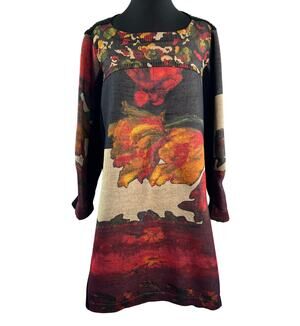 Antonio Marras Black Mult Floral Sweater Dress Boat Neck Pullover Size Large L